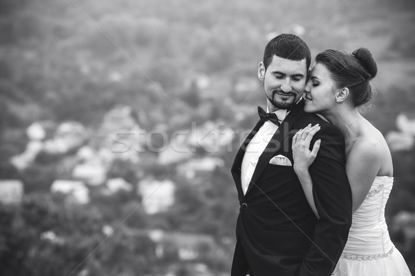 Foto stock: Casamento · casal · posando · câmera · mulher · céu