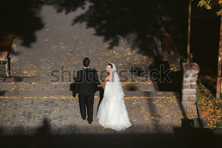 Feliz novia novio caminando otono forestales Foto stock © tekso