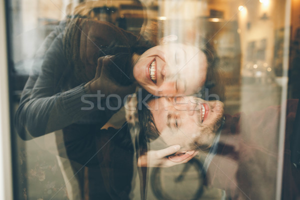 Vintage пару смеясь кофейня instagram семьи Сток-фото © tekso