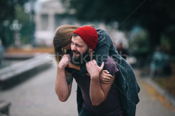 Stockfoto: Man · vriendin · Maakt · een · reservekopie · liefhebbend · paar · lopen