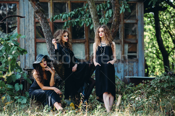 Tres vintage mujeres plantean abandonado edificio Foto stock © tekso