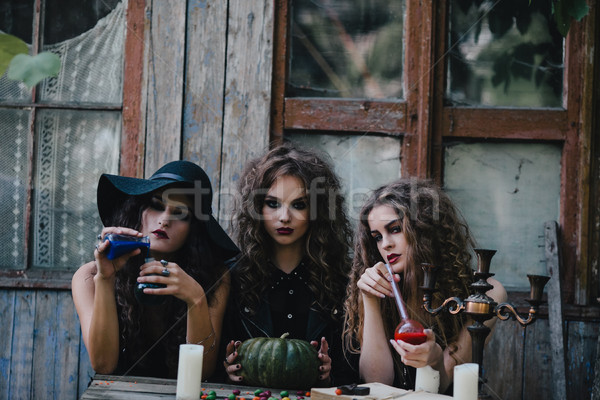 Three vintage witches perform magic ritual Stock photo © tekso