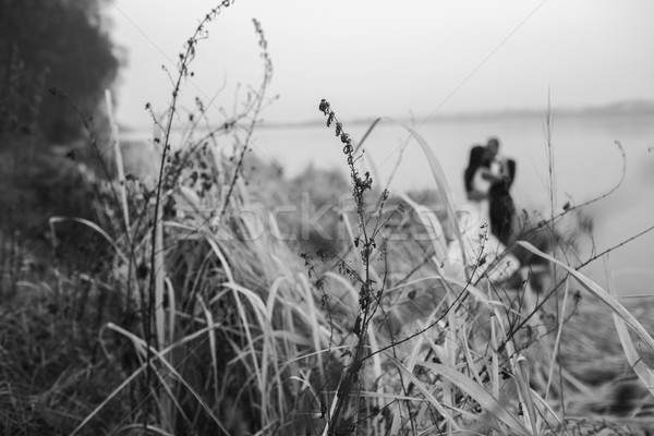 Nuntă cuplu lac ţărm prezinta femeie Imagine de stoc © tekso