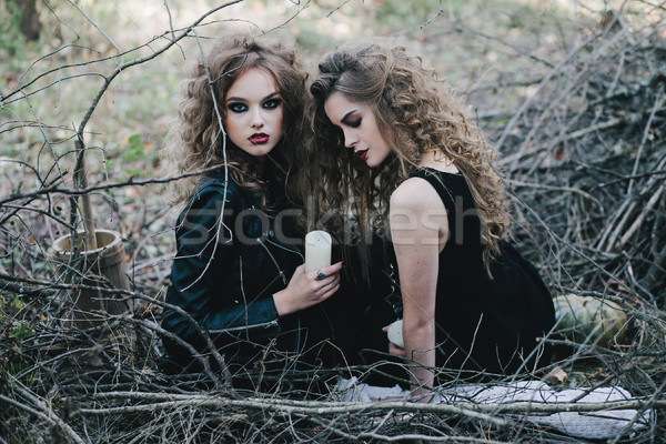 Two vintage witches gathered eve of Halloween Stock photo © tekso