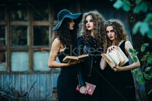 Drie vintage vrouwen pose verlaten gebouw Stockfoto © tekso