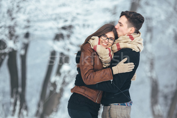 Foto stock: Feliz · casal · neve · parque · juntos