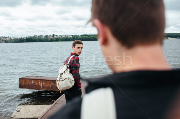 Zwei jungen Jungs stehen Pier wenig Stock foto © tekso