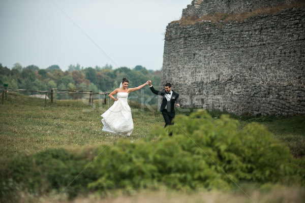 Stockfoto: Mooie · bruiloft · paar · lopen · vrouw · hemel