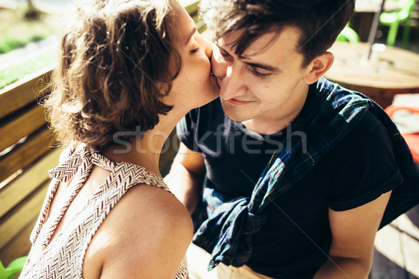 Stockfoto: Paar · vergadering · cafe · buiten · vent · meisje