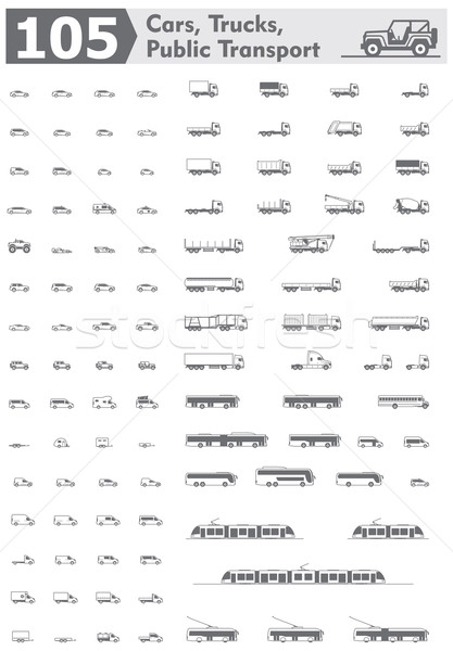 Stock fotó: Vektor · autók · teherautók · tömegközlekedés · ikon · szett · különböző