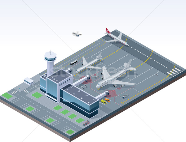 Stock fotó: Vektor · izometrikus · repülőtér · részletes · épületek · repülőgépek