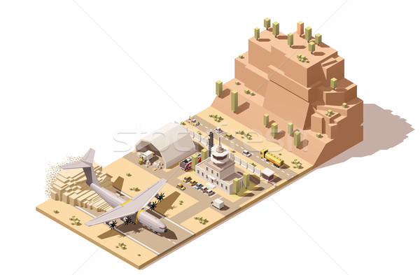 Stock photo: Vector isometric low poly desert airport building  humanitarian cargo airplane landing on dust