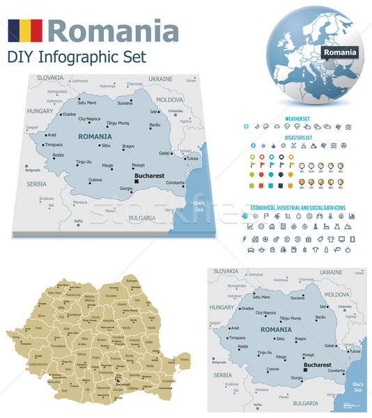 Romania térképek szett politikai szimbólumok infografika Stock fotó © tele52