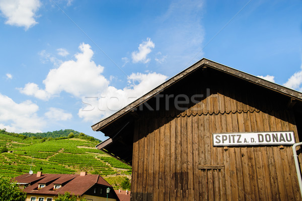 Foto stock: Cabana · assinar · céu · verão · azul