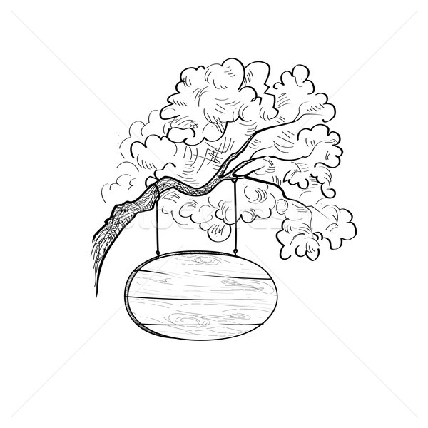 Stock photo: Signboard on tree branch. Doodle wooden sign. Plank signpost