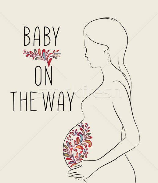 Pregnant woman. Motherhood floral stylish sign with lettering Ba Stock photo © Terriana