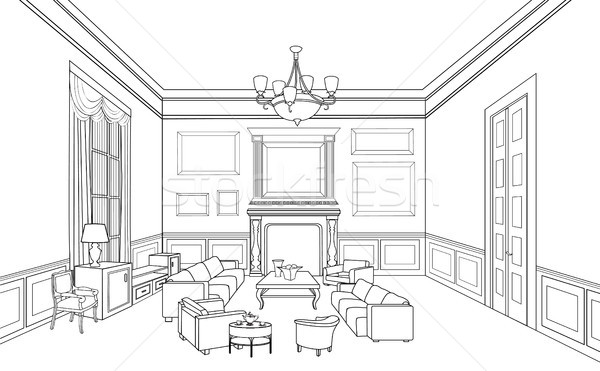 Home interior furniture with sofa, armchair, table. Living room drawing design. Retro engravng Stock photo © Terriana