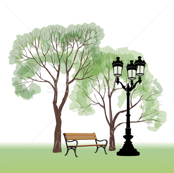 [[stock_photo]]: Banc · parc · arbre · ville · paysage · vecteur