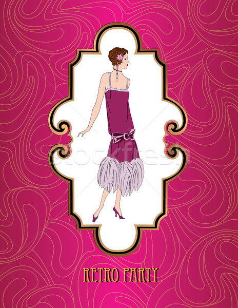 Retro party card. Fashion woman. Girl in cocktail dress. Floral background. 1920s style frame. Stock photo © Terriana