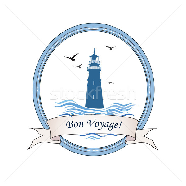 Lighthouse logo. Nautical icon with lighthouse, ocean waves, gull birds. Travel voyage card design Stock photo © Terriana