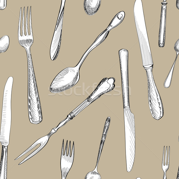 Tacâmuri furculiţă cuţit lingură mână desen Imagine de stoc © Terriana