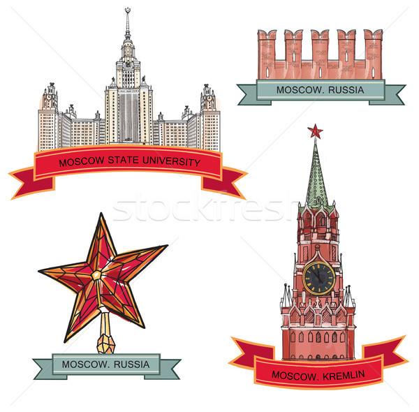 Piata Rosie Kremlinul Moscova oraş etichetă set Imagine de stoc © Terriana