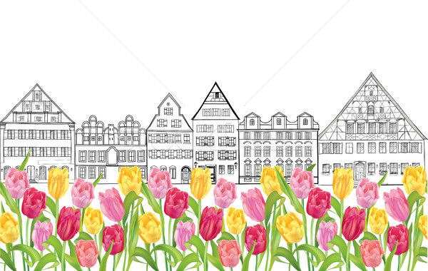 Stockfoto: Amsterdam · straat · naadloos · gebouwen · bloemen · straat