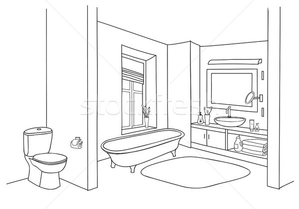 Bathroom interior sketch. Room view, doodle drawn bath furniture vector