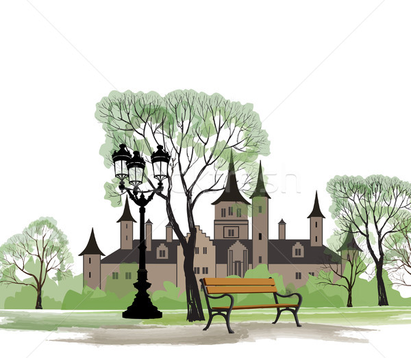 Park bench street lamp spring landscape. Castle building city view Stock photo © Terriana