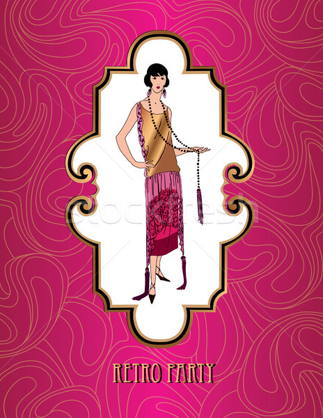 Retro party card. Fashion woman. Girl in cocktail dress. Floral background. 1920s style frame. Stock photo © Terriana