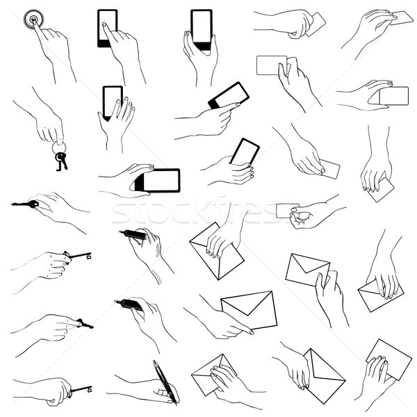 Hand gestures collection. Hands holding key, phone, card. Doodle media set. Stock photo © Terriana