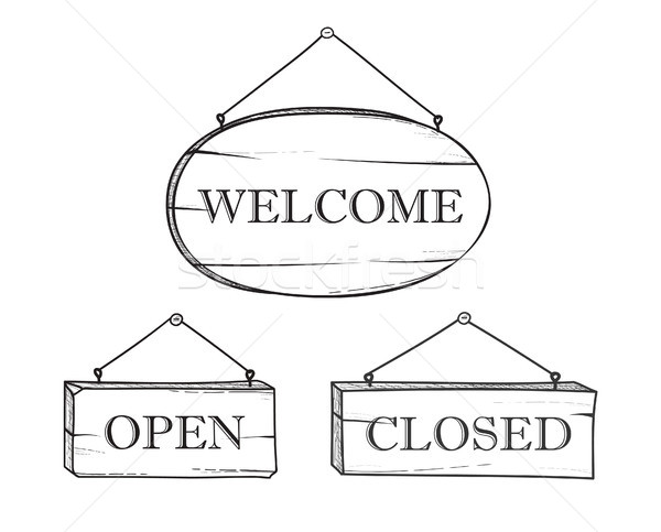 Welcome, open, closed plank sign set. Vintage doodle wooden signboard Stock photo © Terriana