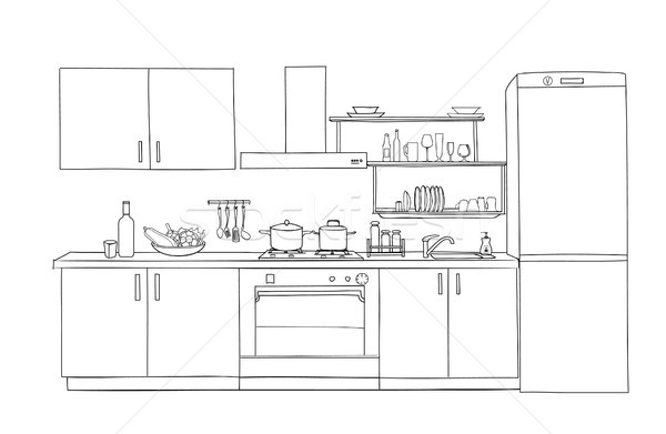 Kitchen interior drawing, vector illustration. furniture sketch. | CanStock