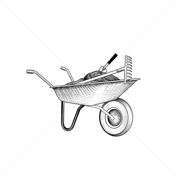 Garden cart with humus and garden tools. Wheelbarrow engraving.  Stock photo © Terriana