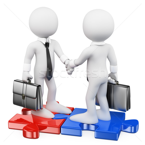 3D white people. Businessmen on puzzle pieces closing a deal Stock photo © texelart