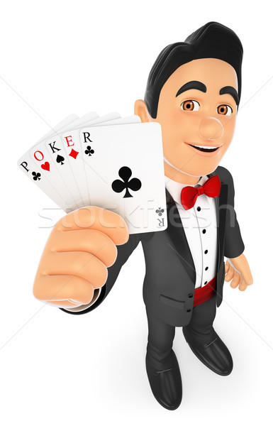 3D Tuxedo man with poker cards Stock photo © texelart