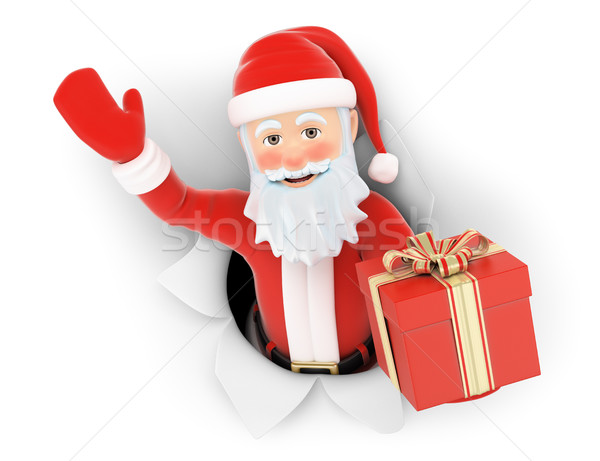 3D Santa Claus leaving a hole in the paper with gift Stock photo © texelart
