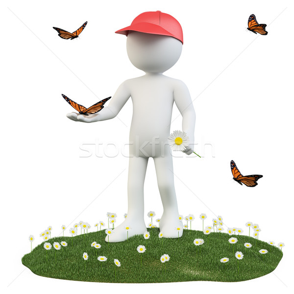 [[stock_photo]]: Saisons · printemps · homme · fleur · papillon · main