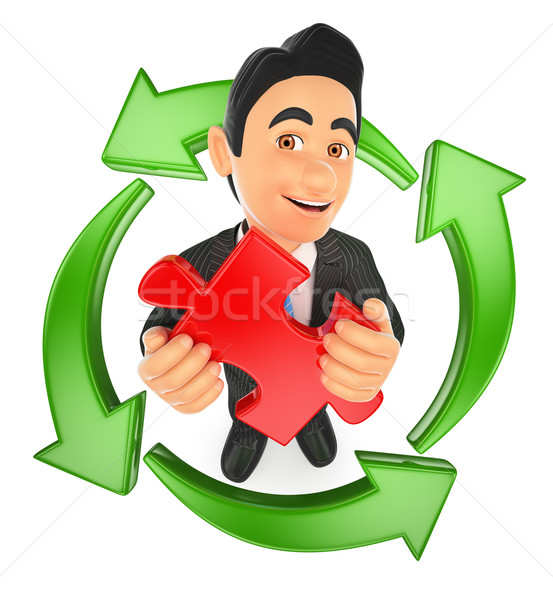3D Businessman with a puzzle piece and green arrows around. Reus Stock photo © texelart