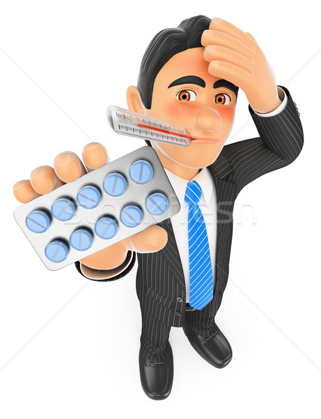 3D Businessman with thermometer and tablet pills. Flu concept Stock photo © texelart