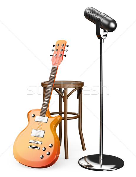 Stock fotó: 3D · elektromos · gitár · zsámoly · mikrofon · izolált · fehér