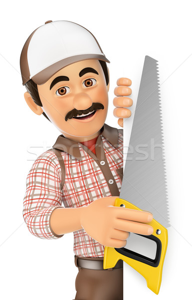 3D Carpenter with saw pointing aside. Blank space Stock photo © texelart