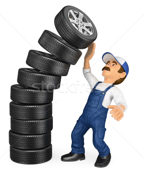 3D Mechanic with a pile of tires falling on top. Work accidents Stock photo © texelart