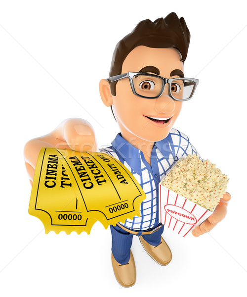 3D Young teen with movie tickets and popcorn Stock photo © texelart