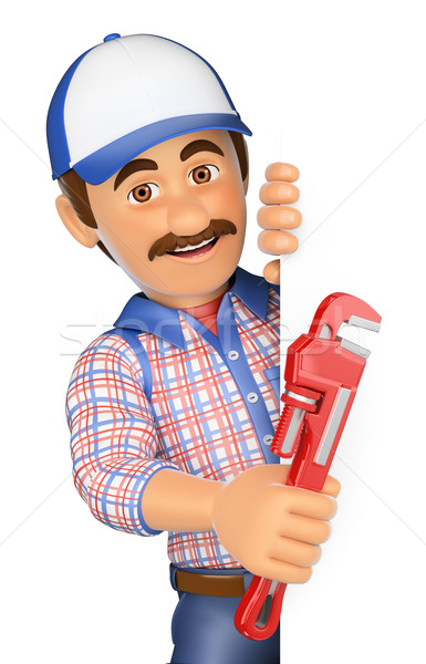 3D Plumber with a pipe wrench pointing aside. Blank space Stock photo © texelart