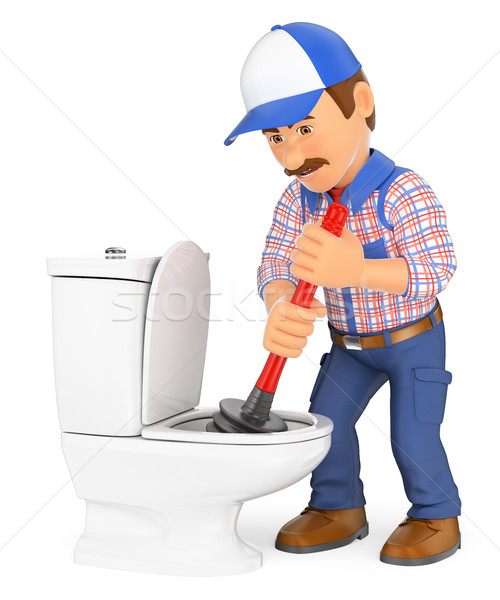 Stock photo: 3D Plumber unclogging a toilet with a plunger