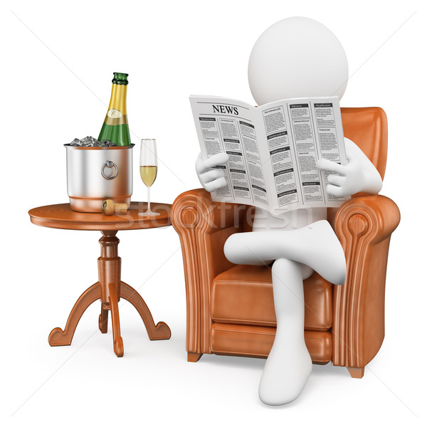 3D white people. Gentleman reading the newspaper and drinking ch Stock photo © texelart