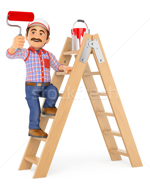 3D Painter working up a ladder with a roller brush Stock photo © texelart