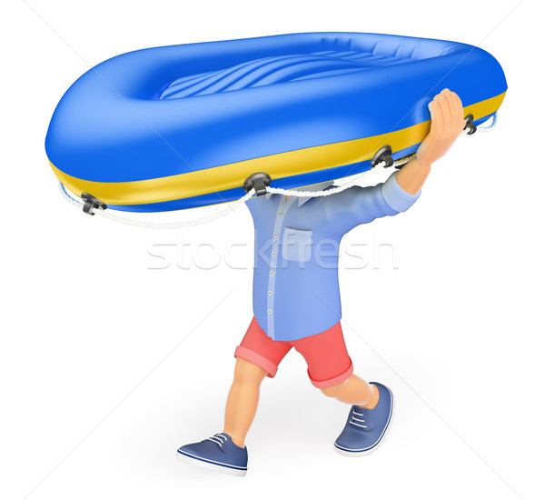 3D Man in shorts carrying an inflatable boat on his head Stock photo © texelart