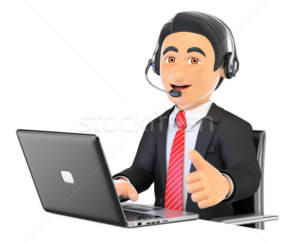 Stockfoto: 3D · call · center · werknemer · werken · duim · omhoog